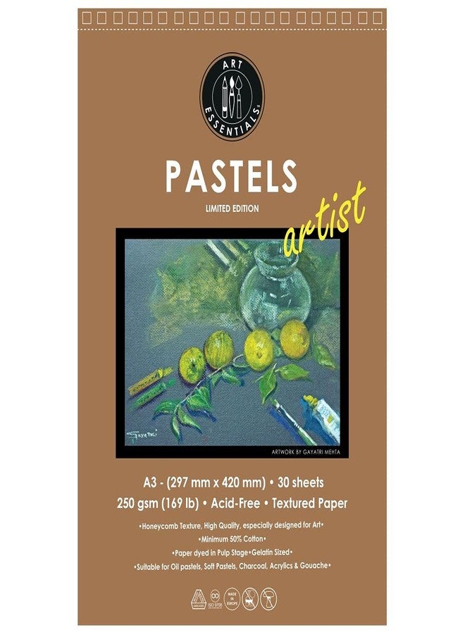 Art Essentials مجموعة أدوات فنية أساسية لرسم الباستيل، مقاس A3، لون رمادي داكن بنمط خلية النحل، وزن 250 غرام/متر مربع، غلاف حلزوني قصير الجوانب، مثقب بدقة، 20 ورقة، أوراق خالية من الأحماض مناسبة لألوان الباستيل، والطباشير، وأقلام التلوين، والغواش، والأكريليك، والوسائط المتعددة. - Image 1